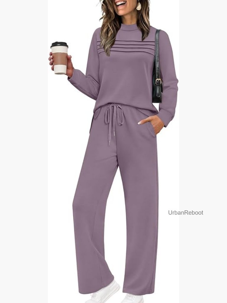 Two Piece Lounge Set Long Sleeve Side Slit Top Wide Leg Pants S-3xl